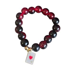 Red and Black Agate Bracelet with Ace of Hearts Charm
